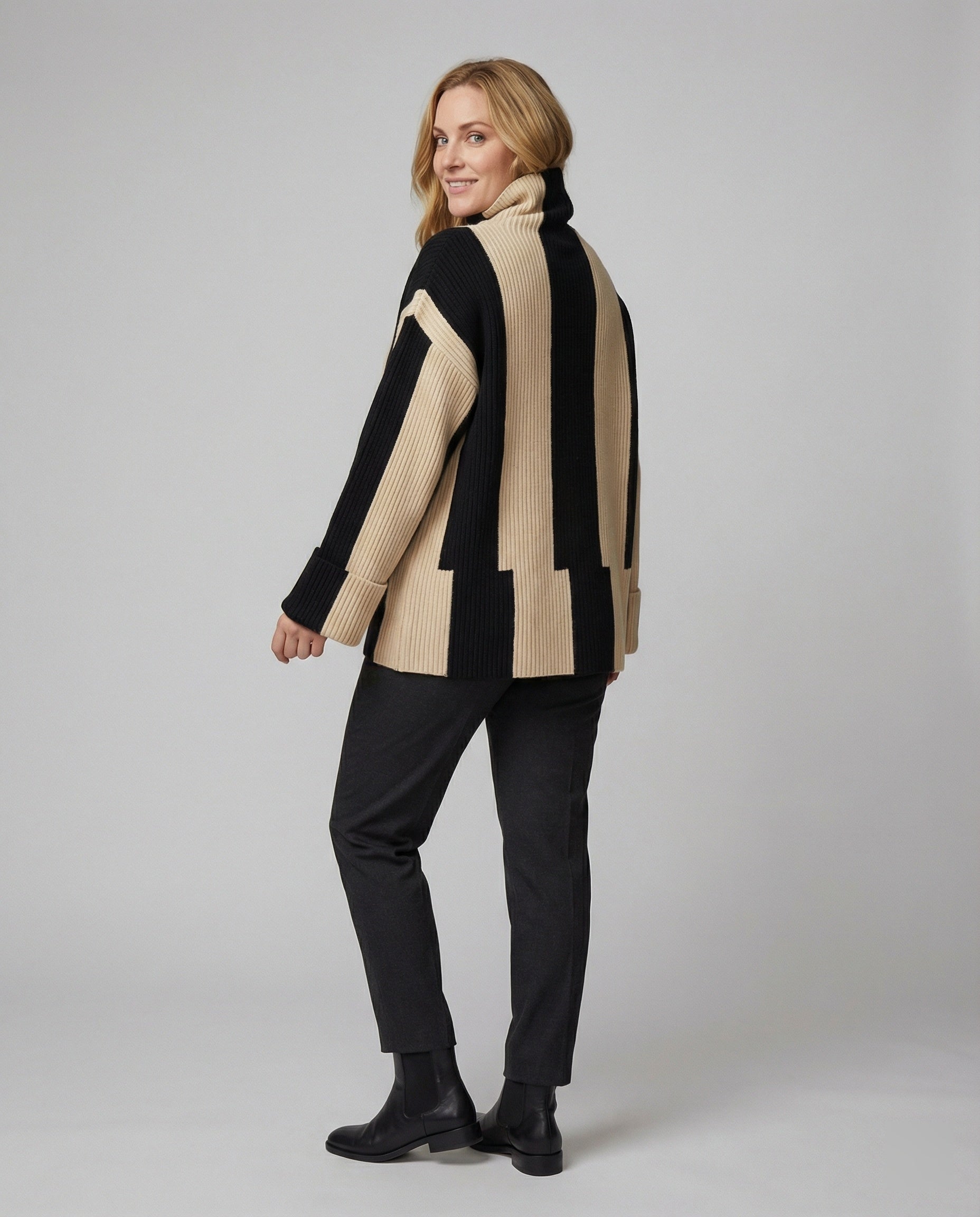 R&B | Pullover - Damen Herbst Hochkragen Zweifarbiger Strickpullover