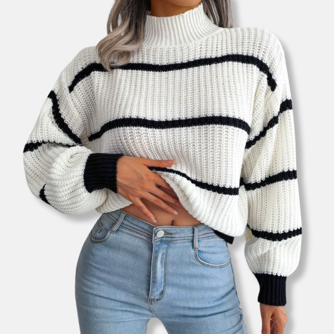 R&B | Strickpullover Weicher Gerippter Rollkragen Lockere Passform Klassische Streifen