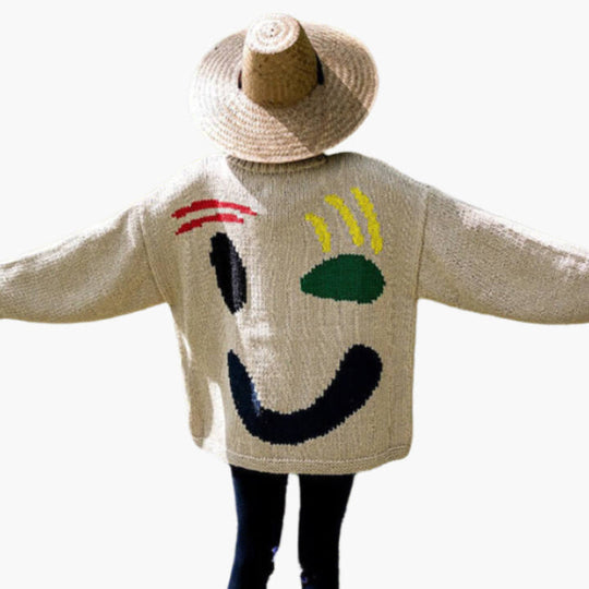 R&B | Strickpullover Im Künstlerstil - Gemütlicher Freizeit-Jumper mit Abstraktem Gesichtsmuster