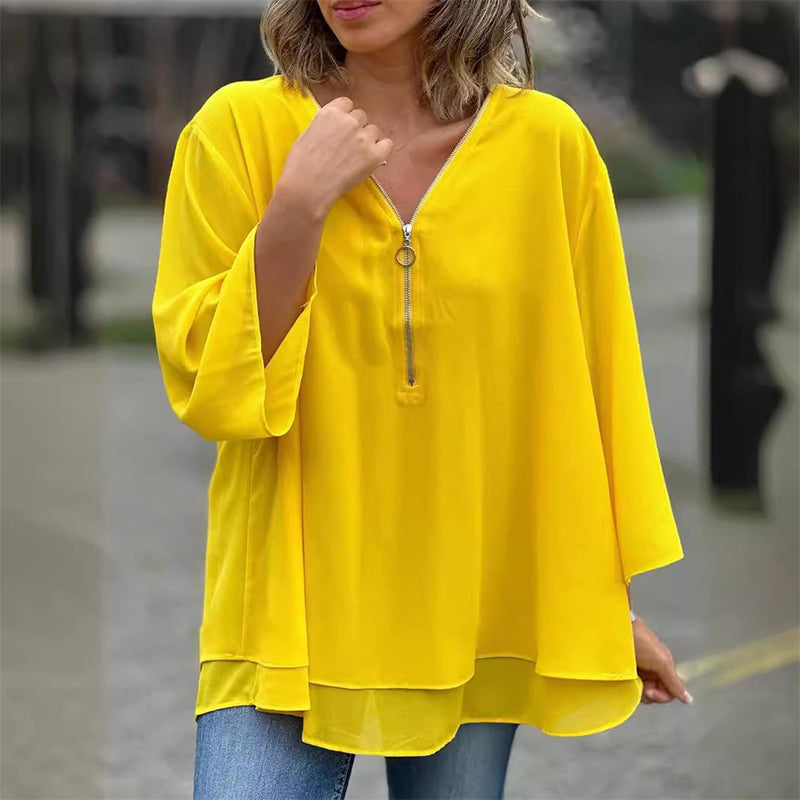 R&B | Chiffon Reißverschluss Top mit V-Ausschnitt