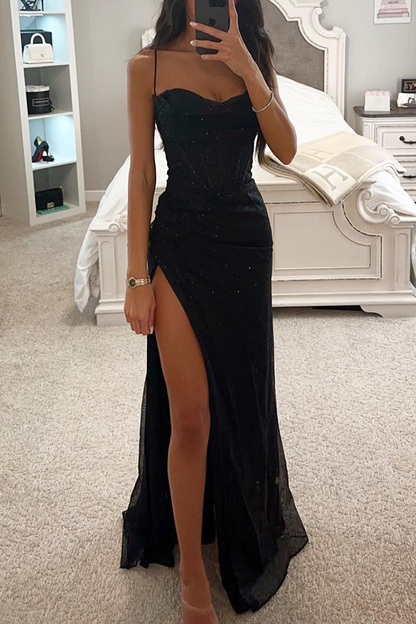 Romantisches Maxikleid mit Pailletten, Wasserfallausschnitt, Korsett und Schlitz