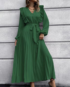 Elegantes Langes Kleid mit Plissiertem V-Ausschnitt