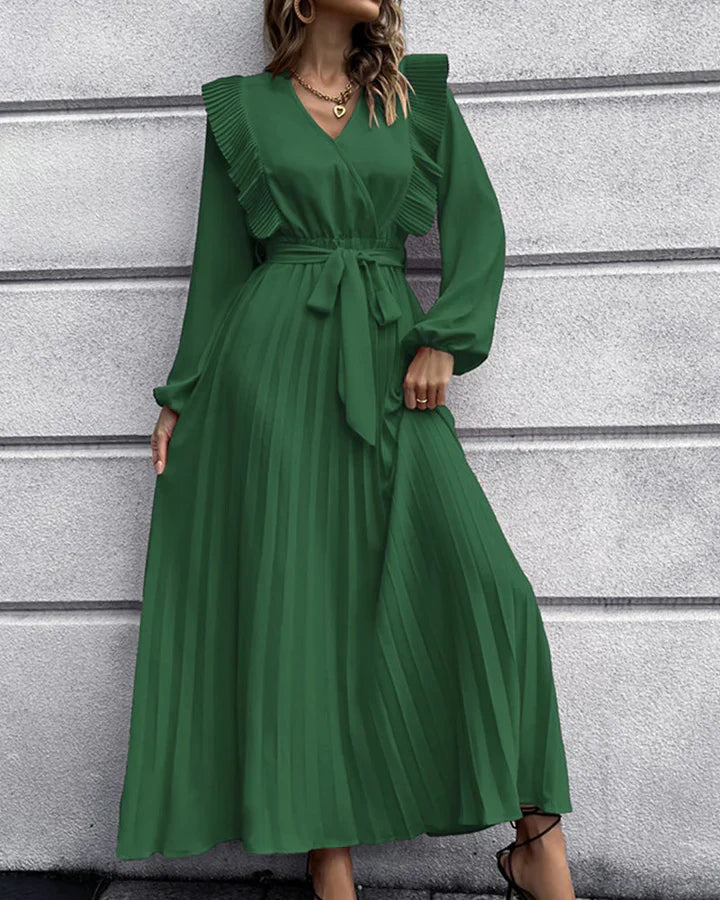 Elegantes Langes Kleid mit Plissiertem V-Ausschnitt
