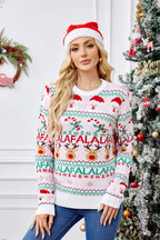 R&B | Locker Sitzende Rundhals Weihnachts Cartoon Strickpullover - Pink