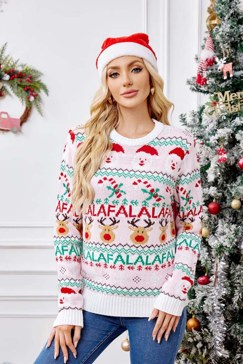 R&B | Locker Sitzende Rundhals Weihnachts Cartoon Strickpullover - Pink