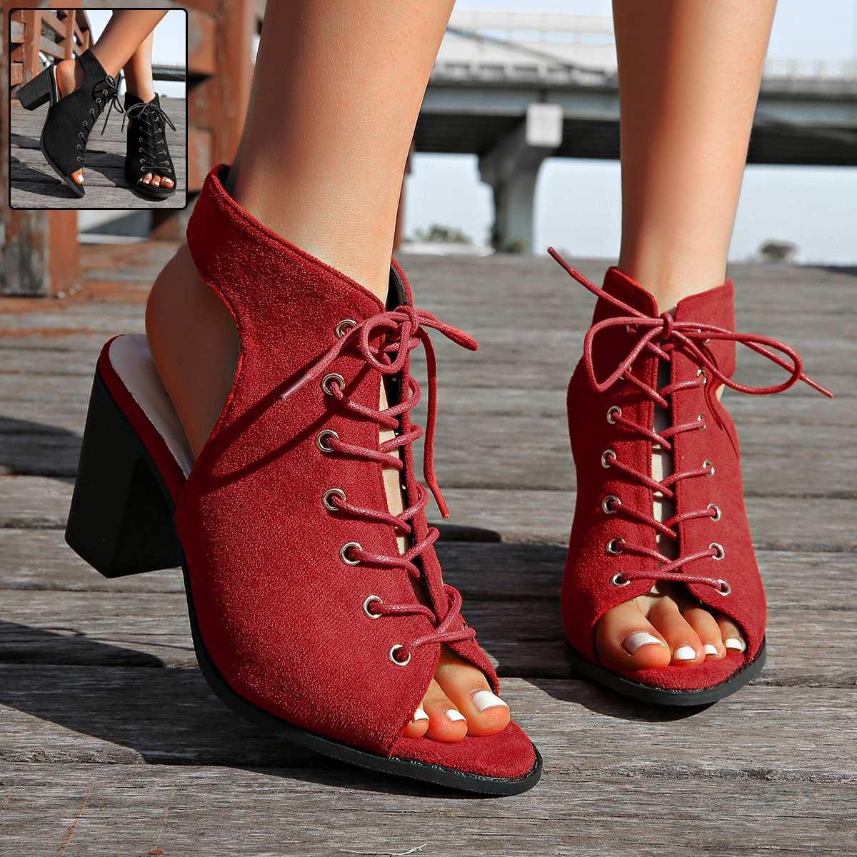 Schnür High Heel Sandalen mit Blockabsatz R&B