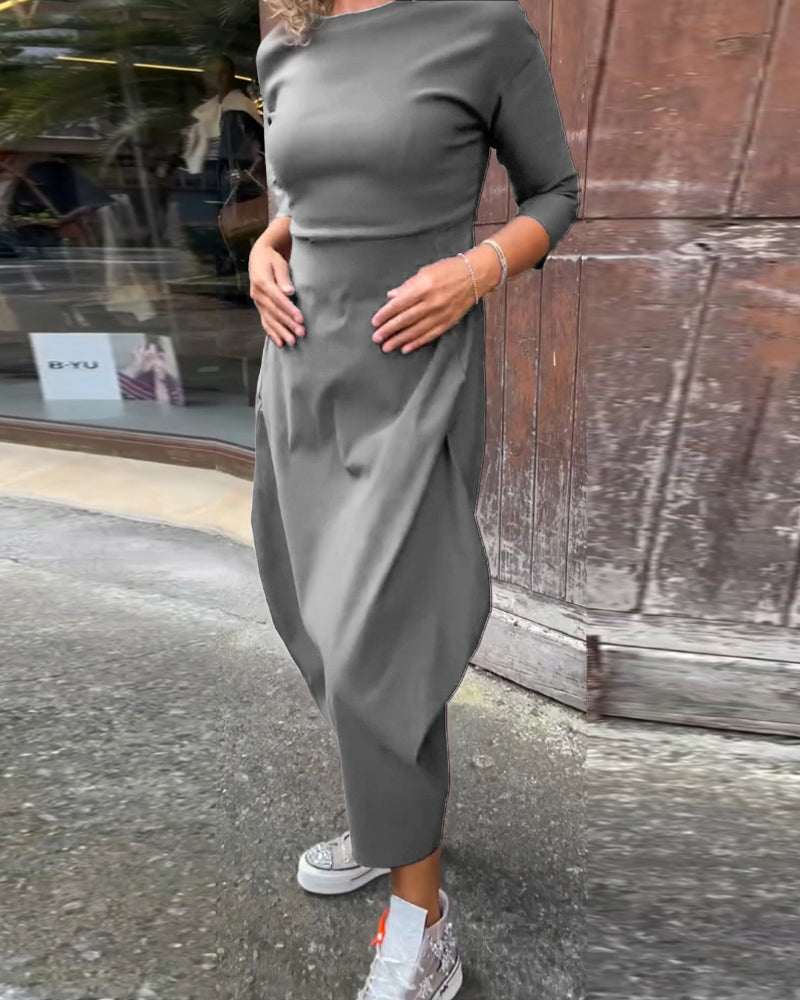 R&B | Schlichtes Einfarbiges Elegantes Kleid mit Langen Ärmeln und Tasche