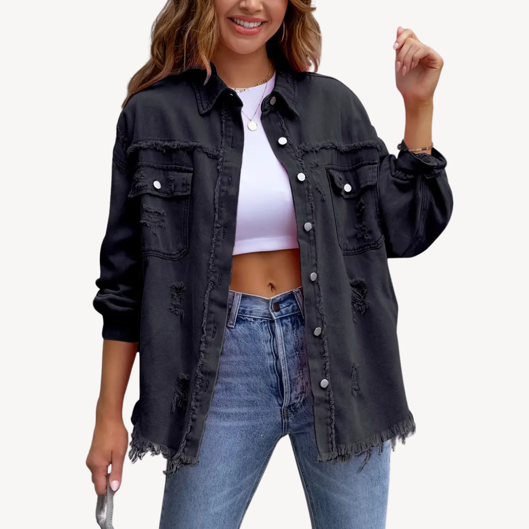 R&B | Schwarze Distressed Denim Button-Up Jacke