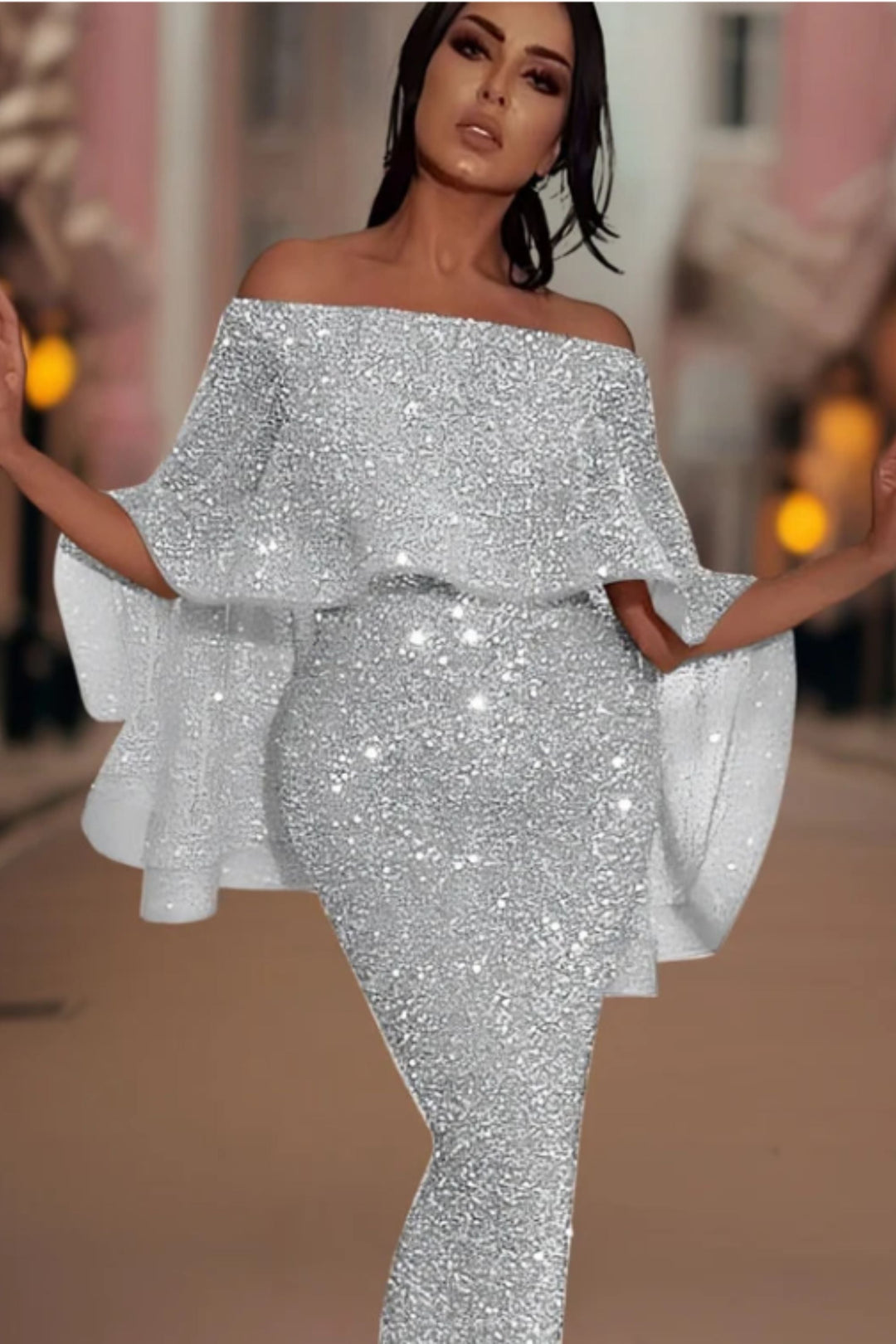 R&B | Off-Shoulder Glitzer Maxi Kleid