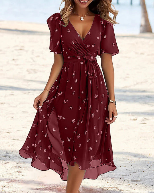 R&B | Elegantes Bedrucktes Kleid mit V-Ausschnitt und Krawatte