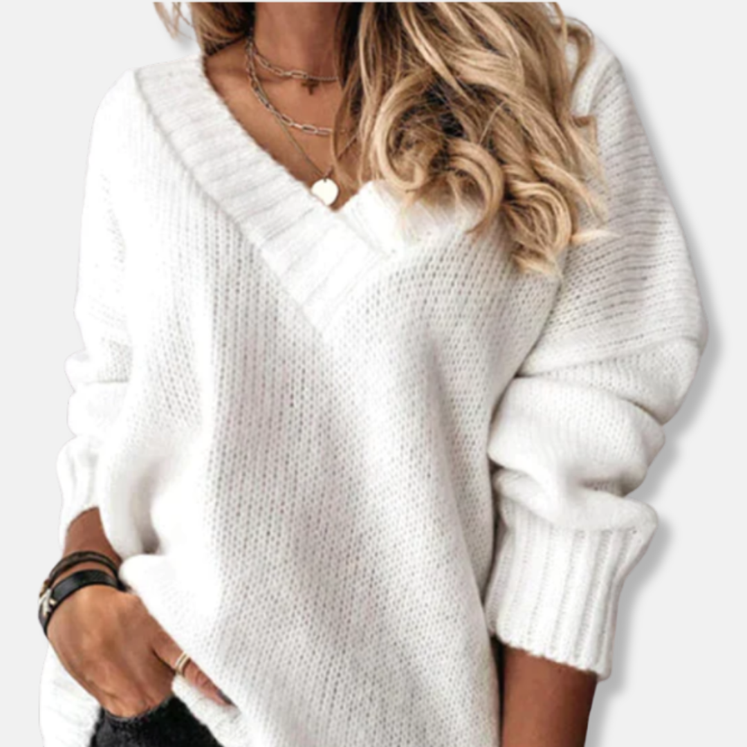 R&B | Wolle V-Ausschnitt Pullover Lockere Passform Rippdetails Pullover