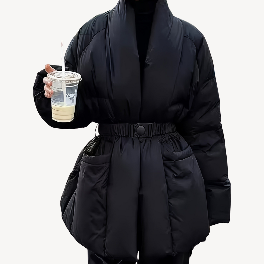 R&B | Damen Schwarze Pufferjacke mit Gürtel – Polyester