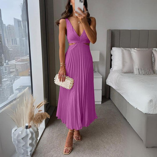 R&B | Midi Kleid Ärmellos V-Ausschnitt Twist Front & Cut Out Detail Plissierter Rock
