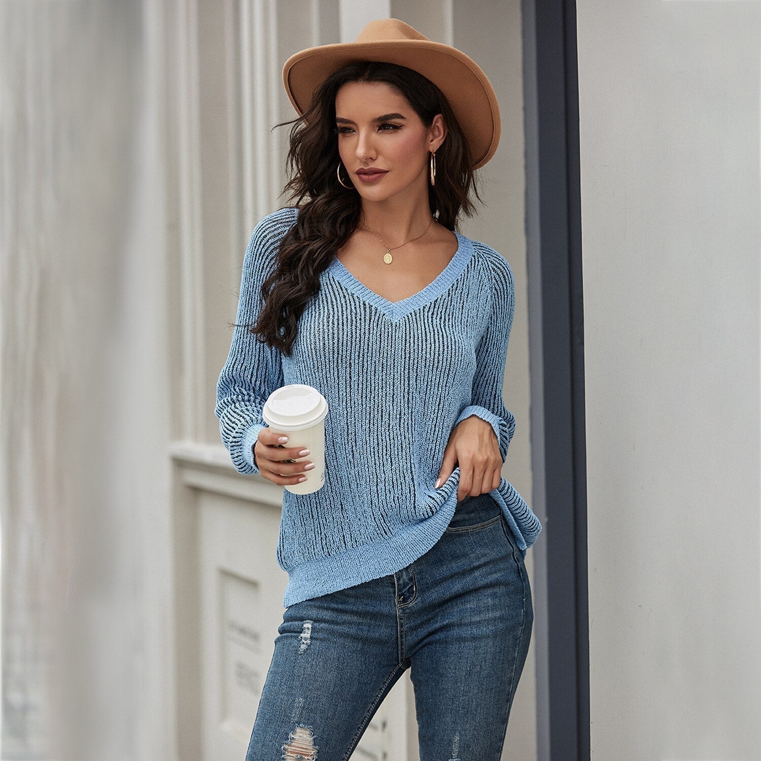 R&B | Strickpullover Lockere Passform V-Ausschnitt Rippstruktur Lange Ärmel