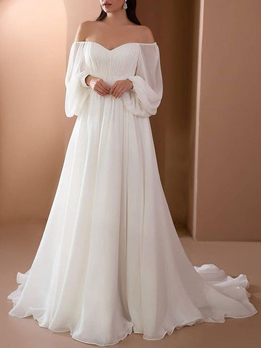 Romantisches Off-Shoulder Langarm Weißes Brautkleid für Hochzeit | R&B
