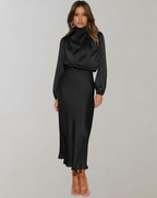 elegantes Satin-Abendkleid mit langen Ärmeln