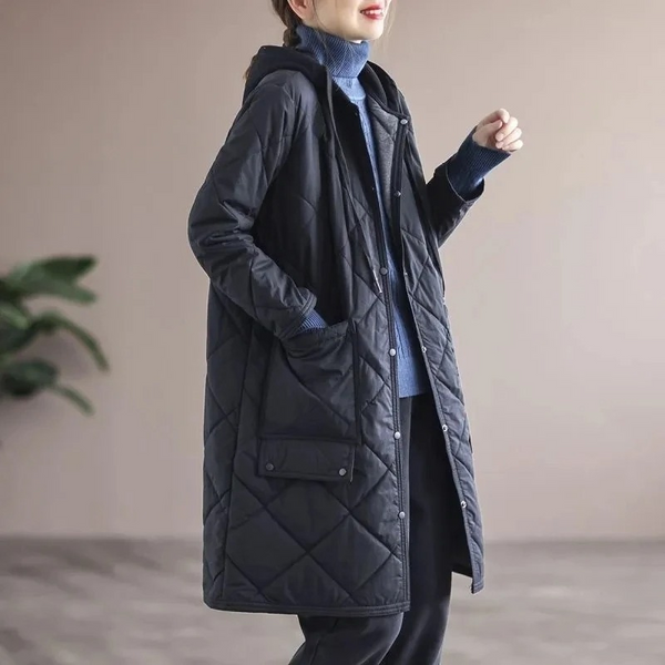 R&B | Modern langer einfarbiger gepolsterter Mantel mit Knöpfen Ideal für Herbst/Winter