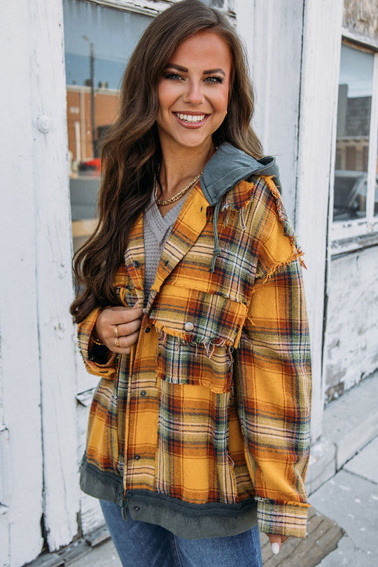 R&B | Karierte Jacke mit Kapuze und Rohen Kanten Baumwolle Lässig und Trendy
