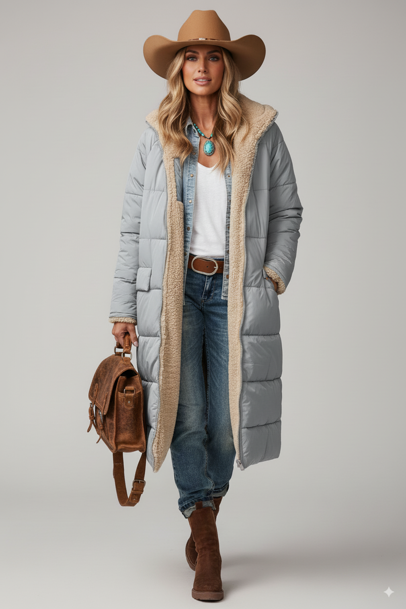 R&B | Langer Gesteppter Jacke Lockere Passform Fleecekragen Voll Gefüttert Warmer Komfort