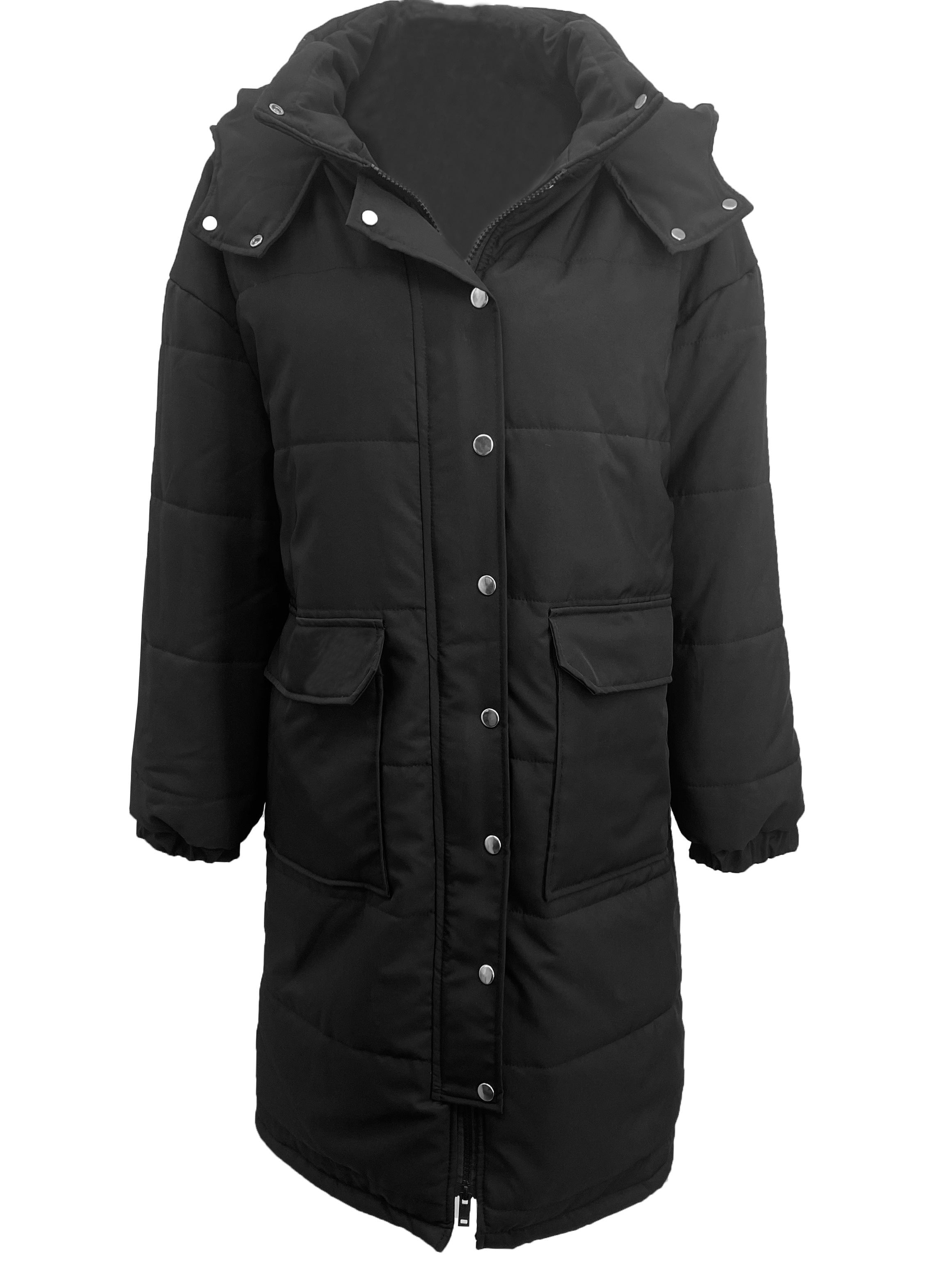 R&B | Stylischer Puffer Schwarzer Wintermantel mit Kapuze und Polsterung Ideal für Herbst/Winter