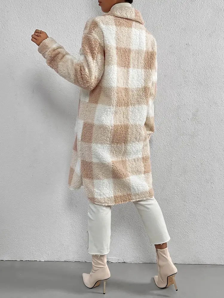R&B | kariert Jacke mit plüschigem Kragen und Knöpfen