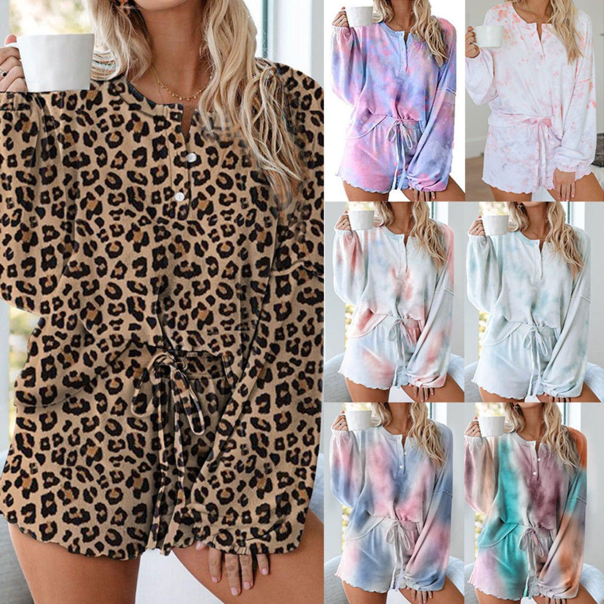 R&B | Batik bedrucktes Langarm-Shorts-Set