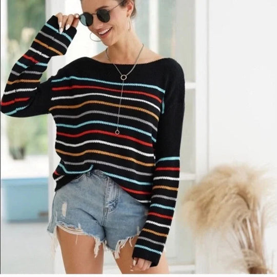 R&B | gestreifter V-Ausschnitt-Strickpullover für den Lagenlook im Herbst
