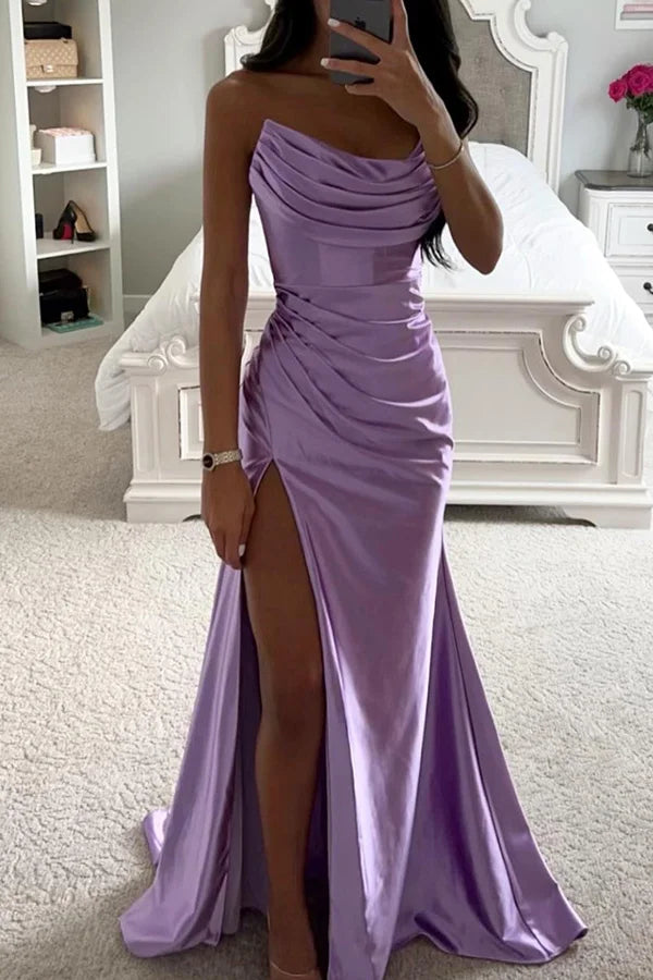 R&B | Glänzendes Satin Off-Shoulder Falten Spalte Abend Maxi Kleid
