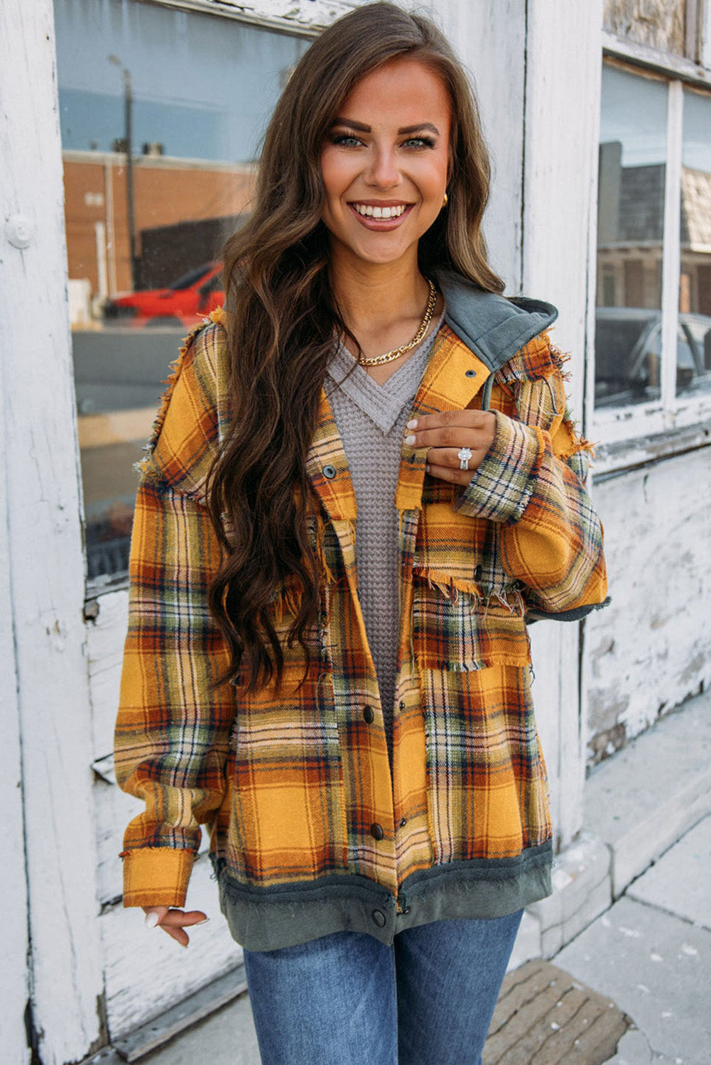 R&B | Karierte Jacke mit Kapuze und Rohen Kanten Baumwolle Lässig und Trendy