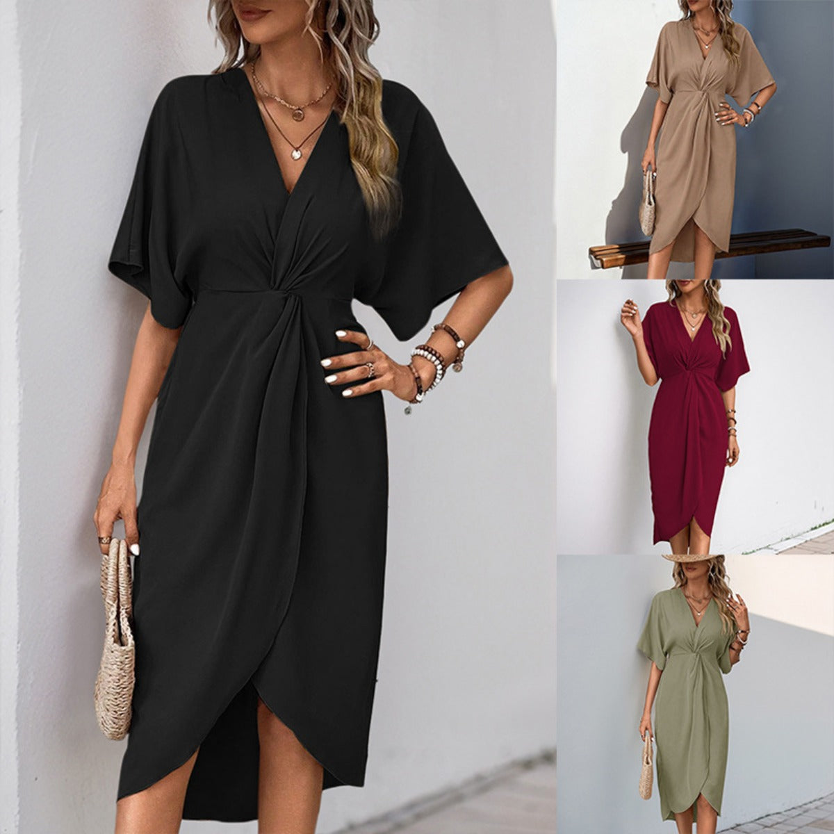 R&B | Einfarbiges unregelmäßiges Kleid mit Schulterärmeln