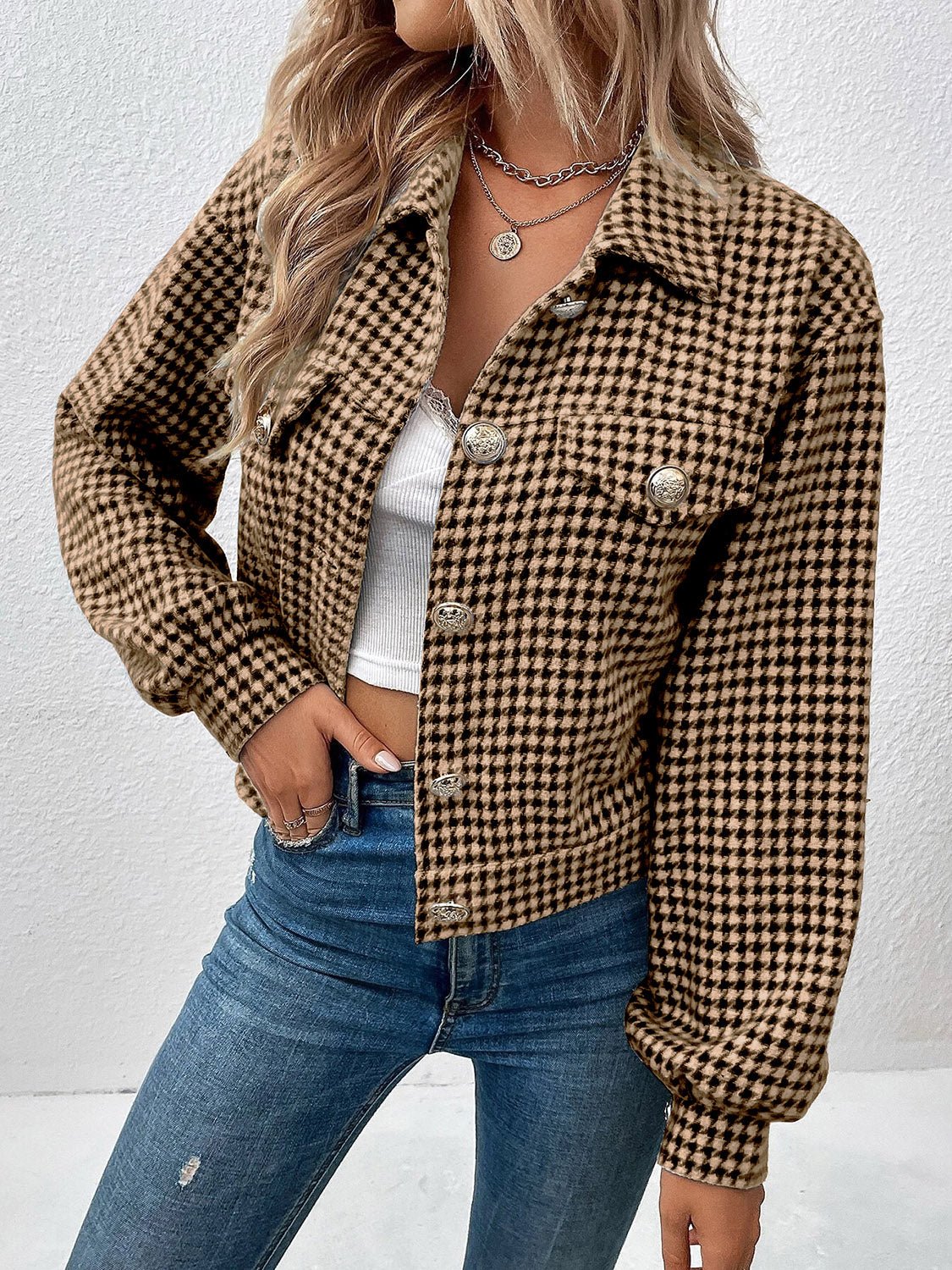 R&B | Kurze Jacke mit Hahnentritt-muster Knopfverschluss Schick und Klassischer Stil