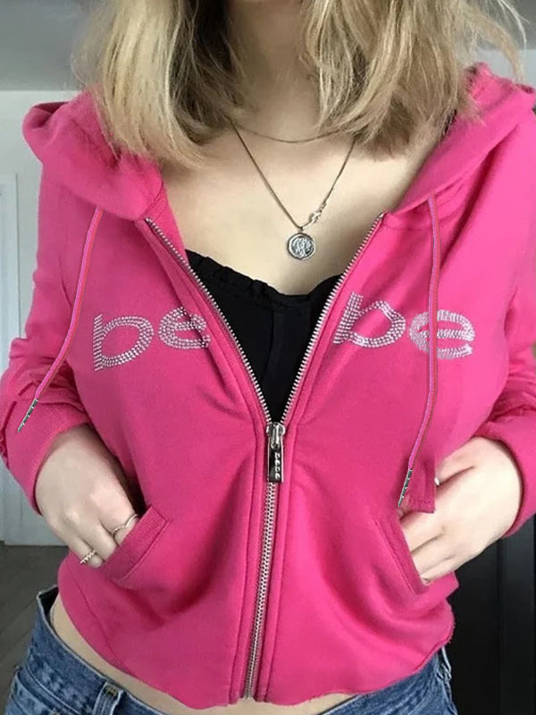 R&B | Barbie Rosa Buchstaben Strassdruck Hoodie mit Reißverschluss