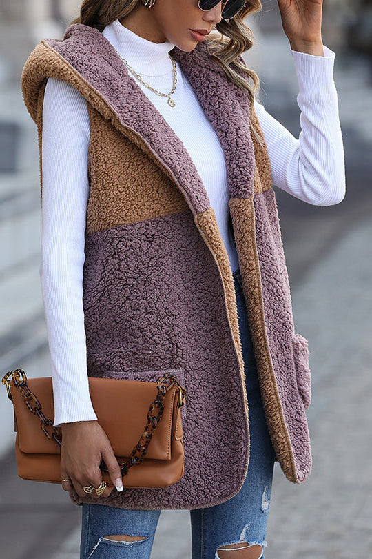R&B | Ärmelloser Colorblock-Taschenloser Mid-Length Cardigan Puff-Velours-Jacke