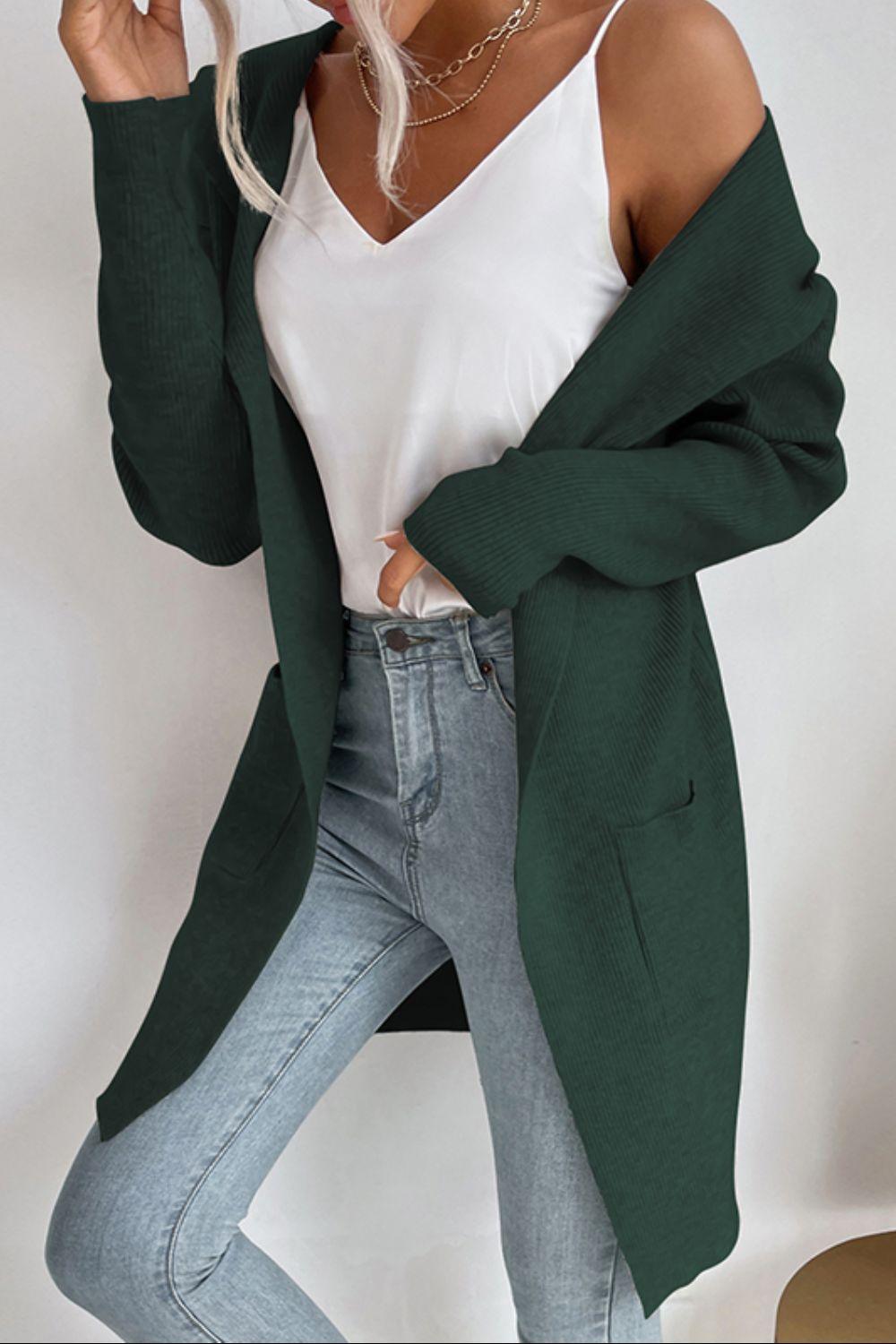 R&B | geripptes offen-front Cardigan mit Kapuze und Taschen