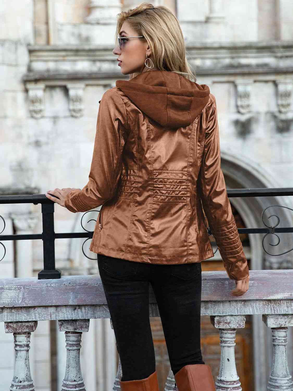R&B | PU-Jacke mit Kapuze und durchgehendem Reißverschluss