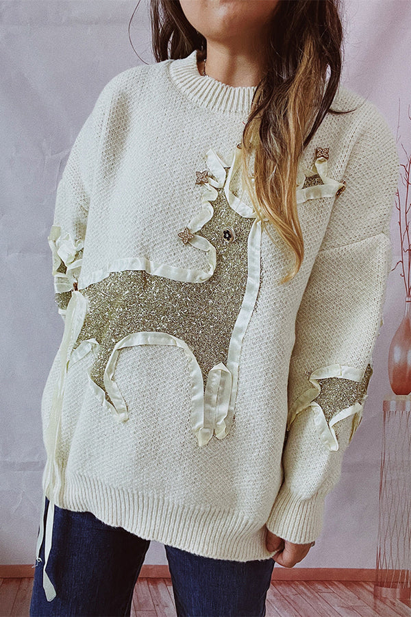 R&B | Weihnachtsmuster Gestrickter Rundhalsausschnitt Langarmpullover