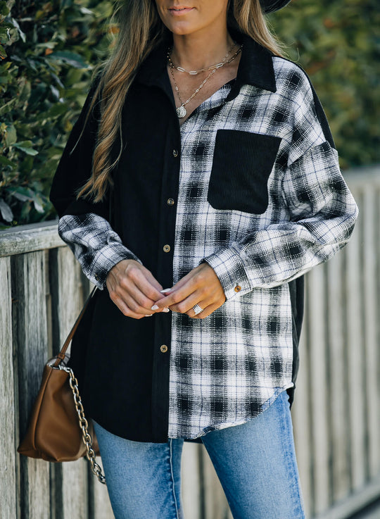R&B | Karierte Farbblock Gefallen Schulter Corduroy Shacket