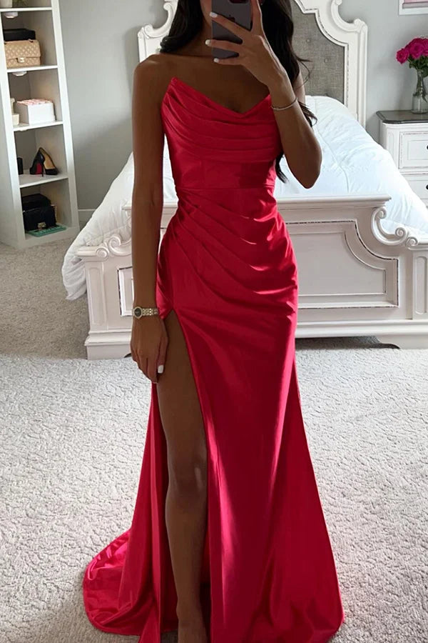R&B | Glänzendes Satin Off-Shoulder Falten Spalte Abend Maxi Kleid