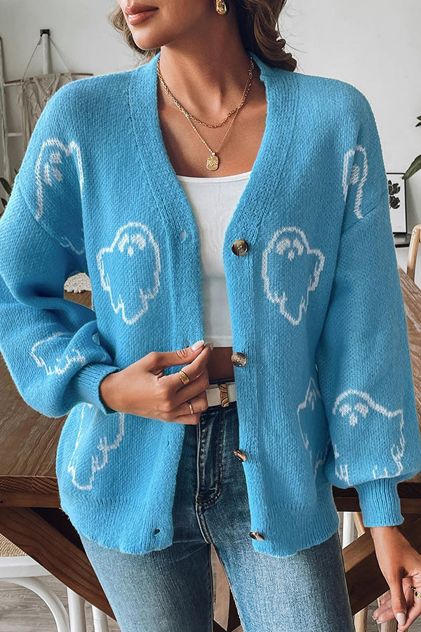 R&B | Gemütlicher Halloween Geist Strickpullover mit Knopfleiste