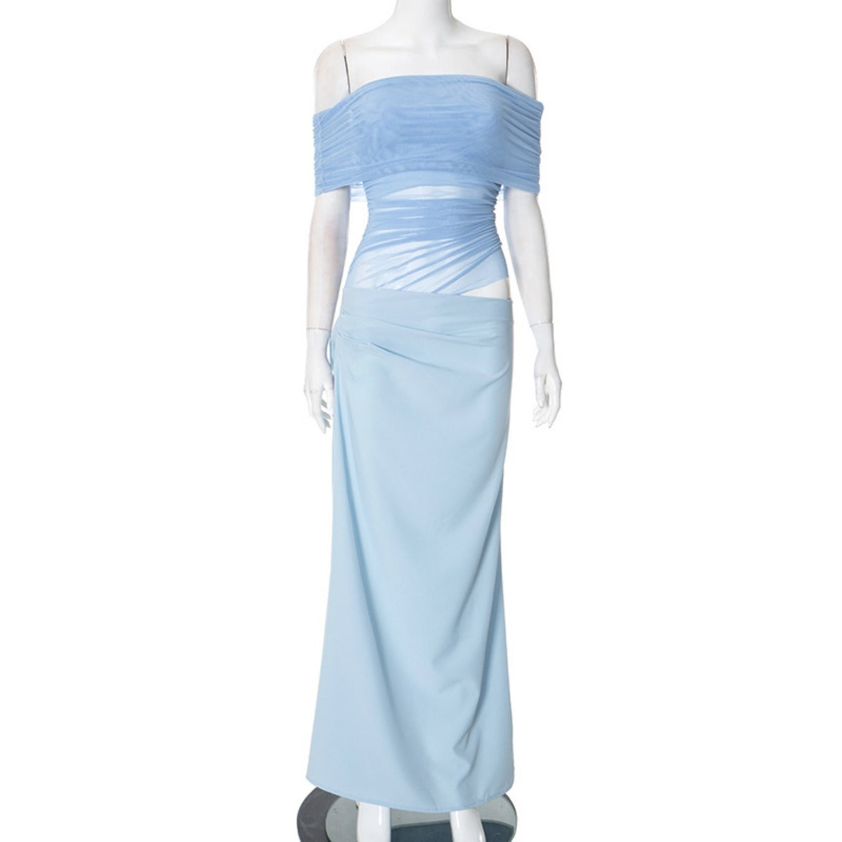 R&B | Ein-Wort-Kragen-Plissee-Kleid aus Mesh mit diagonaler Spanne
