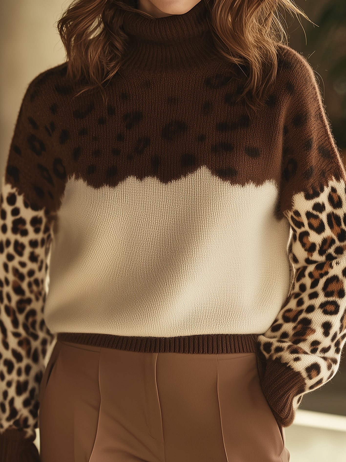 R&B | Leopardenmuster Strickpullover Elegant und Modern Hochkragen Design