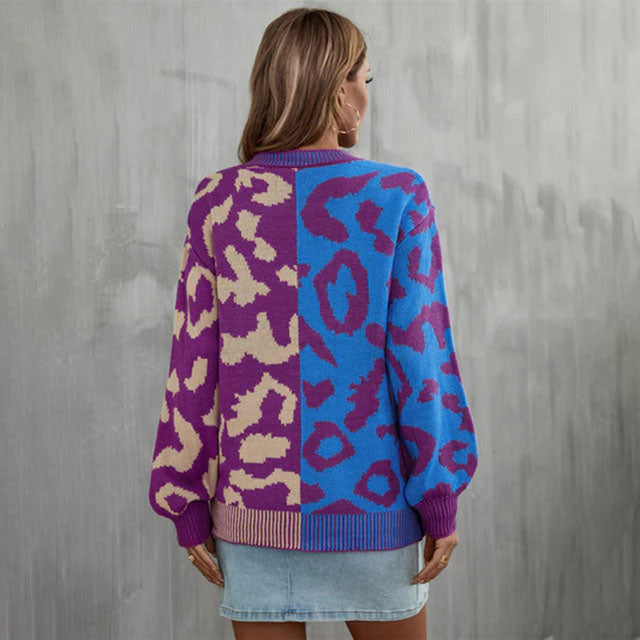 R&B | Pullover - Damen Herbst Farbblock Leopard Strickpullover