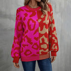 R&B | Pullover - Damen Herbst Farbblock Leopard Strickpullover