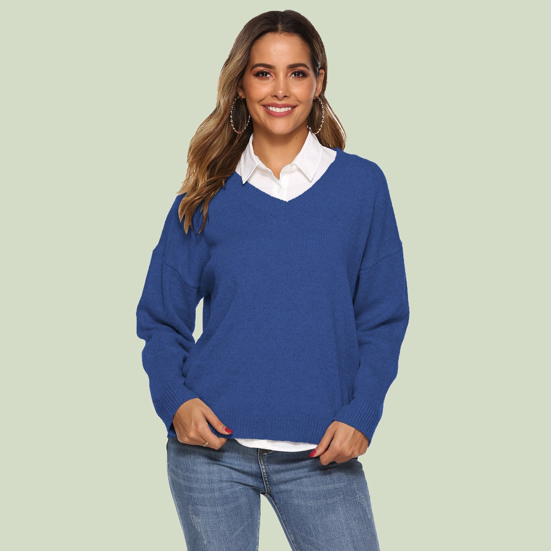 R&B | Strickpullover V-Ausschnitt Lockere Passform Lange Ärmel Weich und Bequem
