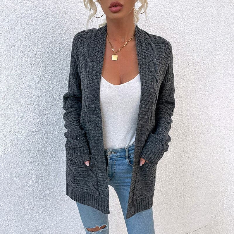 R&B | Cardigan - Strick Kabelstrick - Offene Front - Lange Ärmel mit Taschen