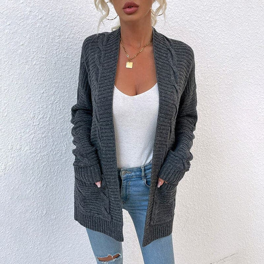 R&B | Cardigan - Strick Kabelstrick - Offene Front - Lange Ärmel mit Taschen