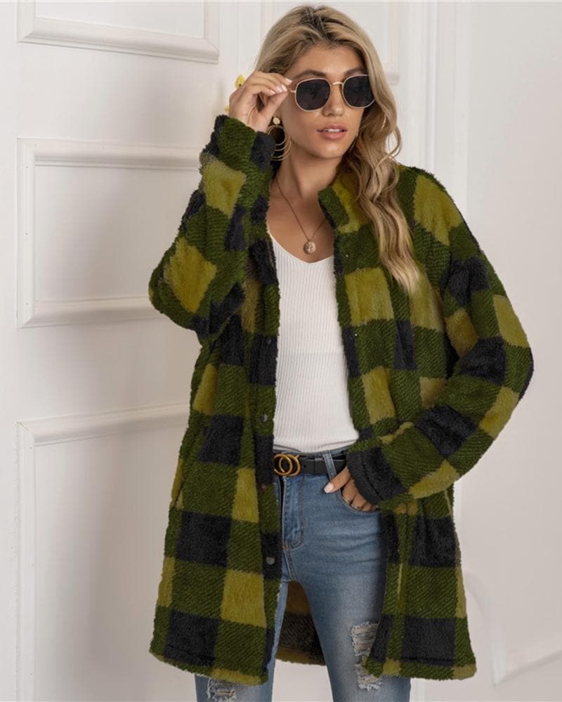 R&B | Mantel Übergröße Soft und Warm Kariertes Muster Knopfverschluss