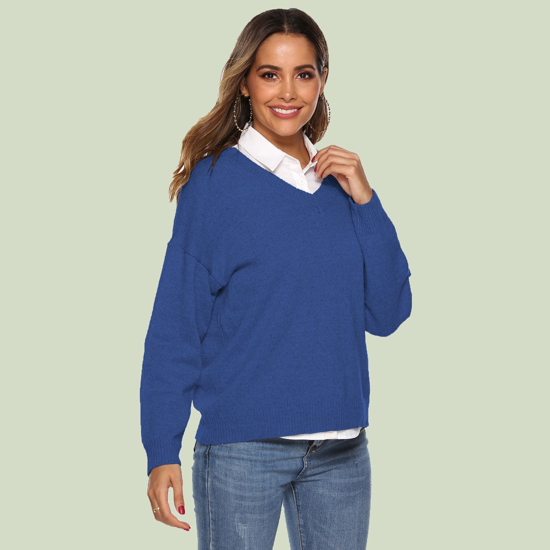R&B | Strickpullover V-Ausschnitt Lockere Passform Lange Ärmel Weich und Bequem