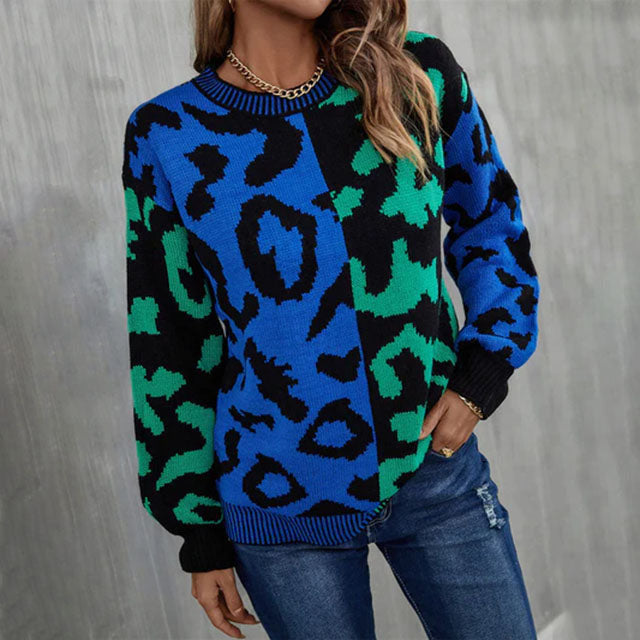 R&B | Pullover - Damen Herbst Farbblock Leopard Strickpullover