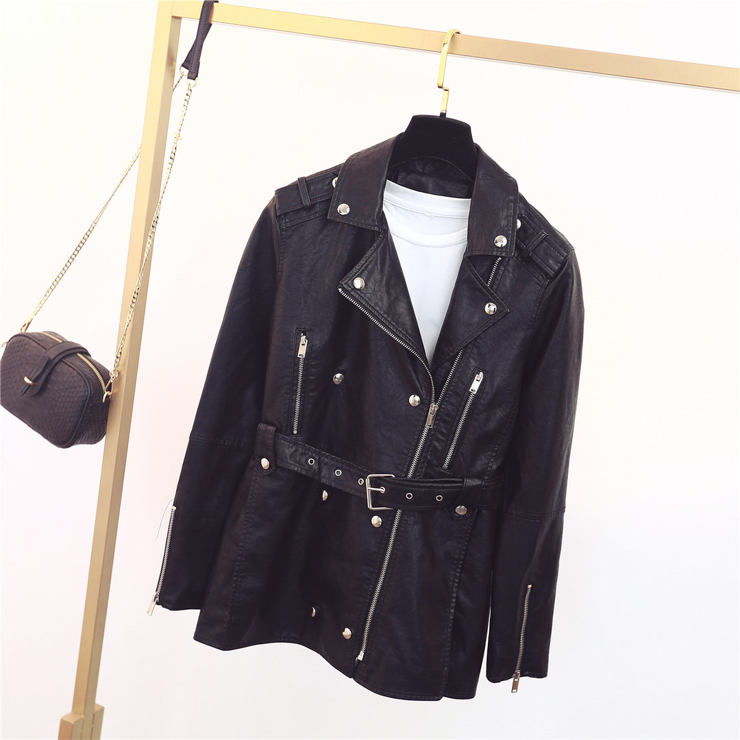 Damen zeitlose Bikerjacke aus Kunstleder mit Gürtel und Reißverschlussdetails R&B